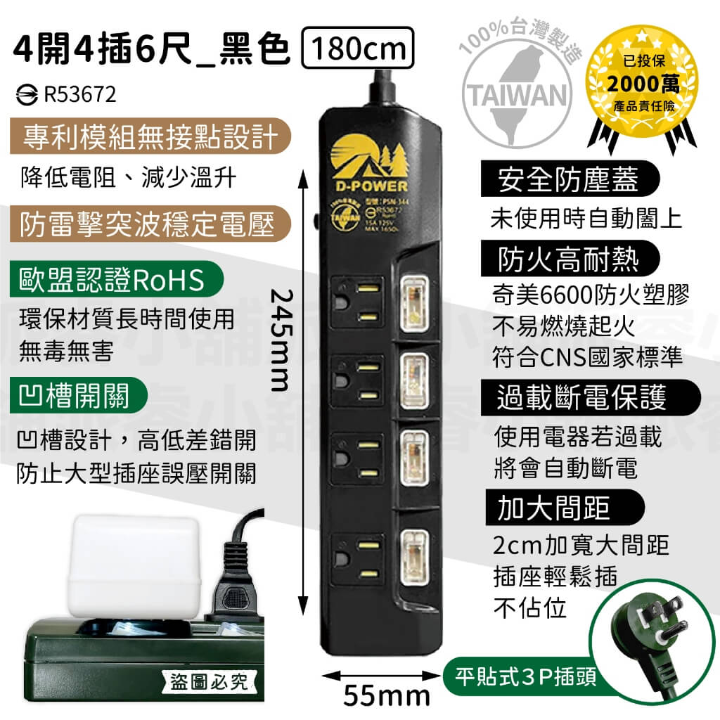 台灣製【軍事/露營風格獨立帶燈開關延長線】軍工風 電源線 過載斷電 突波吸收 防雷擊 防塵蓋 防誤觸開關