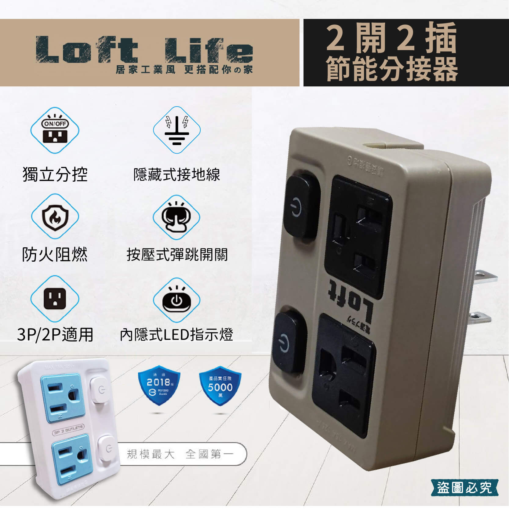 【聖岡 獨立分控2開2插分接器】居家工業風 獨立分控開關 隱藏式接地線 壁插 分接器 3P插座