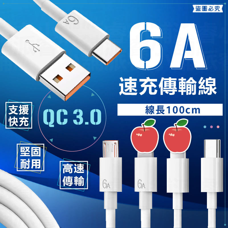 【6A速充傳輸線】線長1公尺 6A快充線 傳輸線 充電線 Type-C 蘋果 安卓