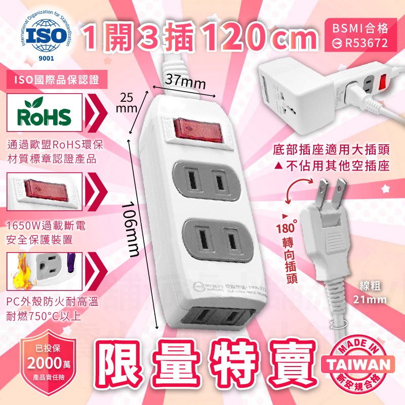 【過載自動斷電安全延長線】台灣製 保固 電腦延長線 歐盟認證 節能省電