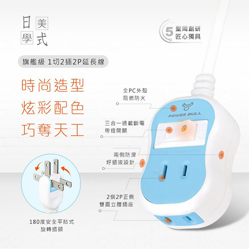 【聖岡科技 過載斷電1開2插2孔延長線】延長線 新安規 180度平貼插頭 過載斷電 PC防火材質 節能節電