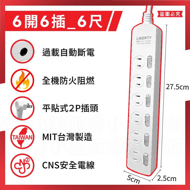 台灣製【利百代 省電獨立開關2P延長線】延長線 2P 獨立開關 平貼插頭 6尺 9尺