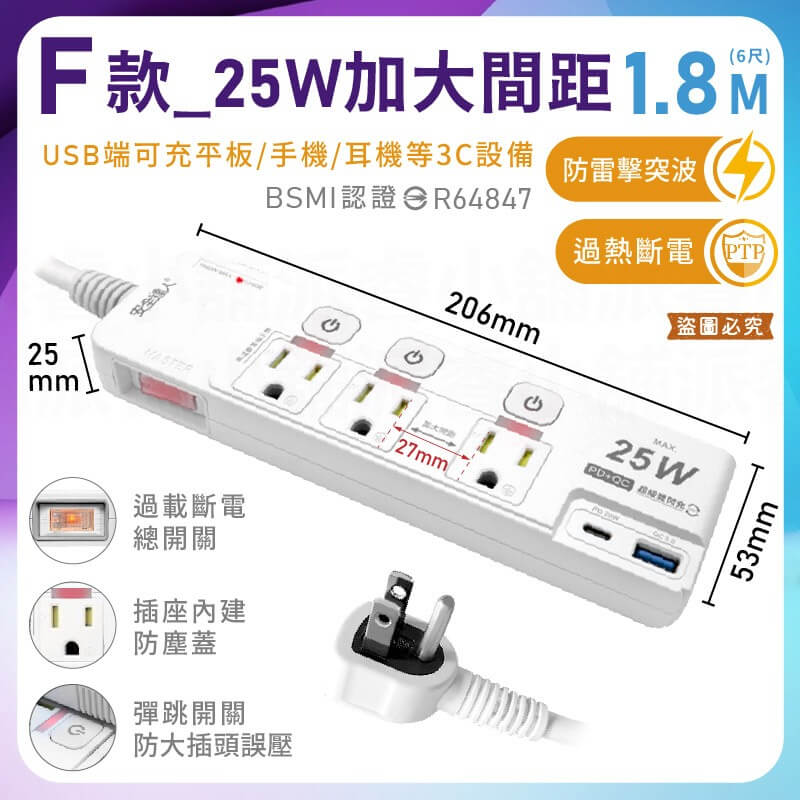 【3開4插2P+3P+USB七彩炫光6尺延長線】PTP高溫斷電 氮化鎵 65W PD QC快充 延長線