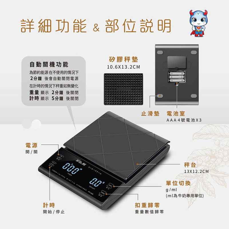 【計時智能雙顯咖啡秤】贈矽膠秤墊 精密秤 烘培秤 廚房秤 料理秤手沖咖啡秤 最大秤重3kg