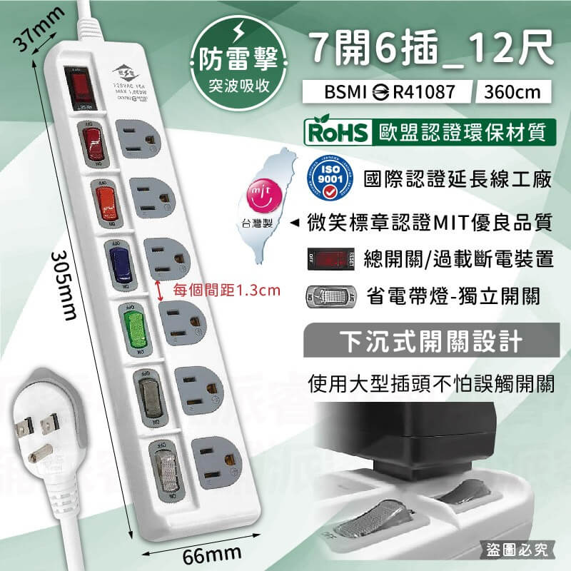 台灣製【威電 防雷擊多開關延長線】總開關 突波吸收 防雷擊 過載斷電 防火材質 延長線 微笑標章 3P