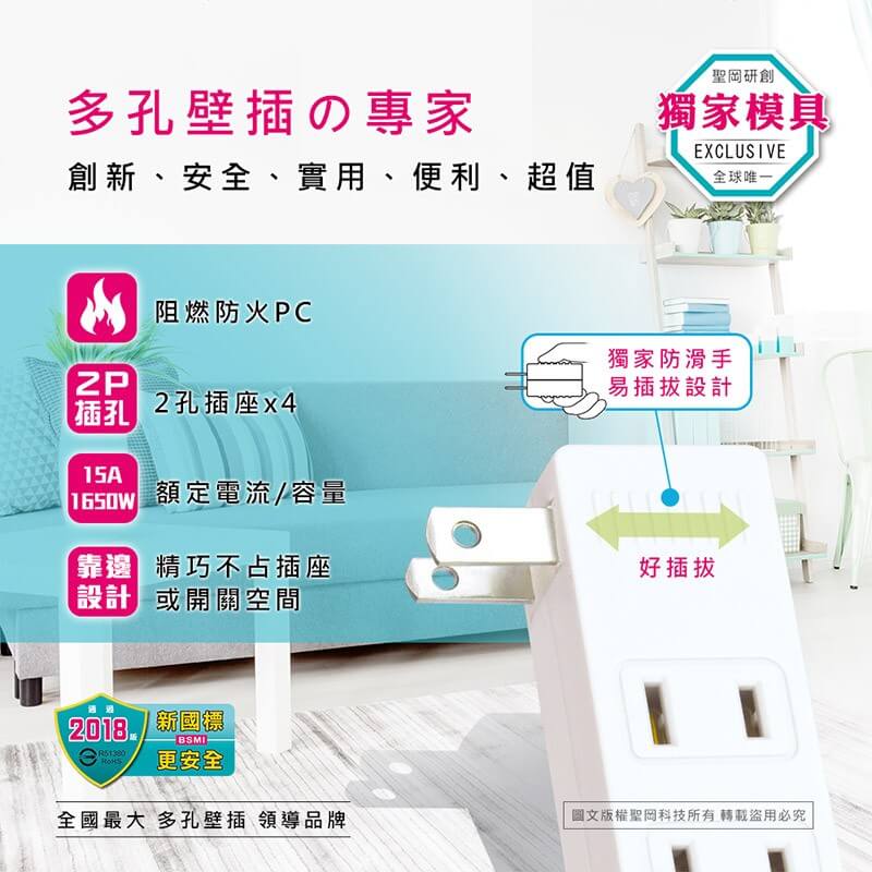 【聖岡科技 日式三面4插分接器】擴充插座 壁插 分接式插座 分接器 1擴4插座 2孔插座