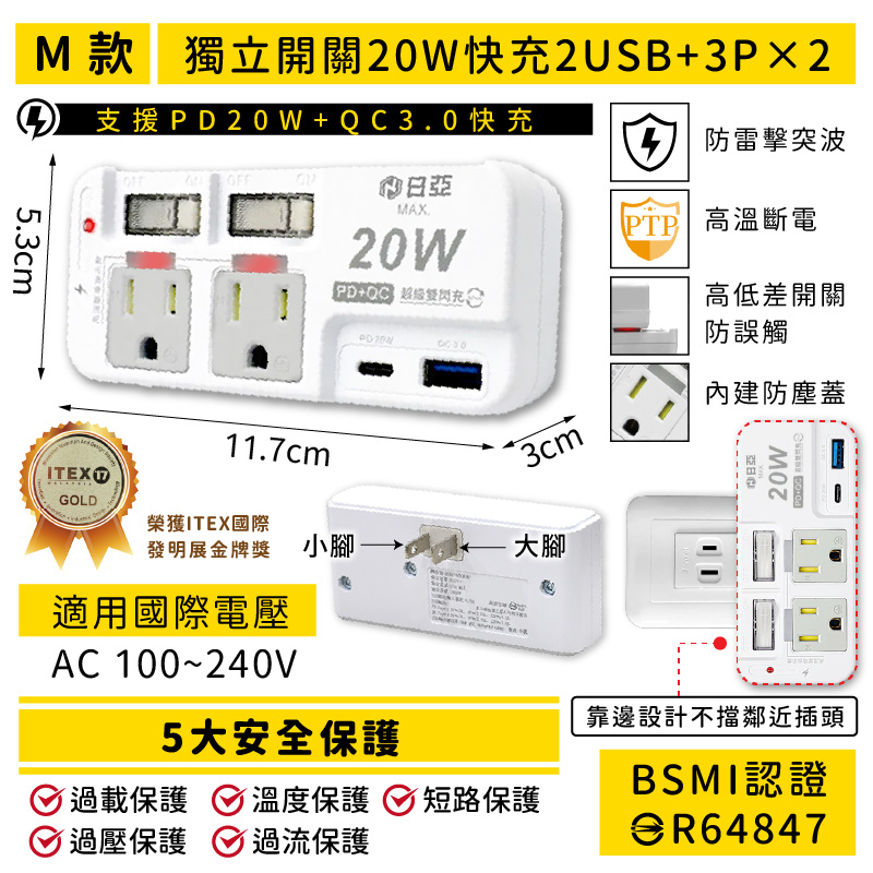 【USB快充節能分接插座】20W快充分接器 壁插 USB插座 插座擴充 插座 開關 擴充 防火材質