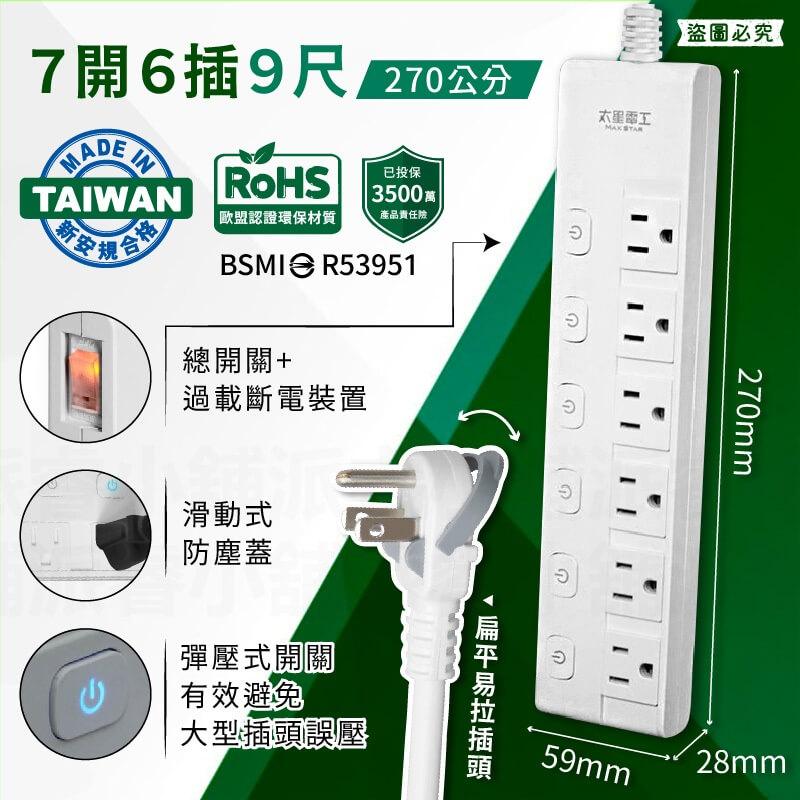台灣製【太星電工 蓋安全滑動防塵蓋延長線】防塵蓋 延長線 3P 按壓式開關