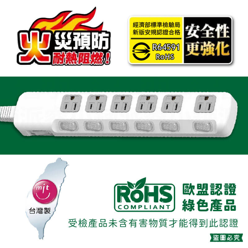 台灣製【7開6插3P延長線】加大間距 總開關 獨立開關 斜面防誤觸 BSMI認證 3P插座 延長線