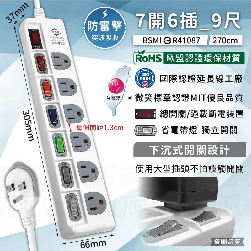 台灣製【威電 防雷擊多開關延長線】總開關 突波吸收 防雷擊 過載斷電 防火材質 延長線 微笑標章 3P