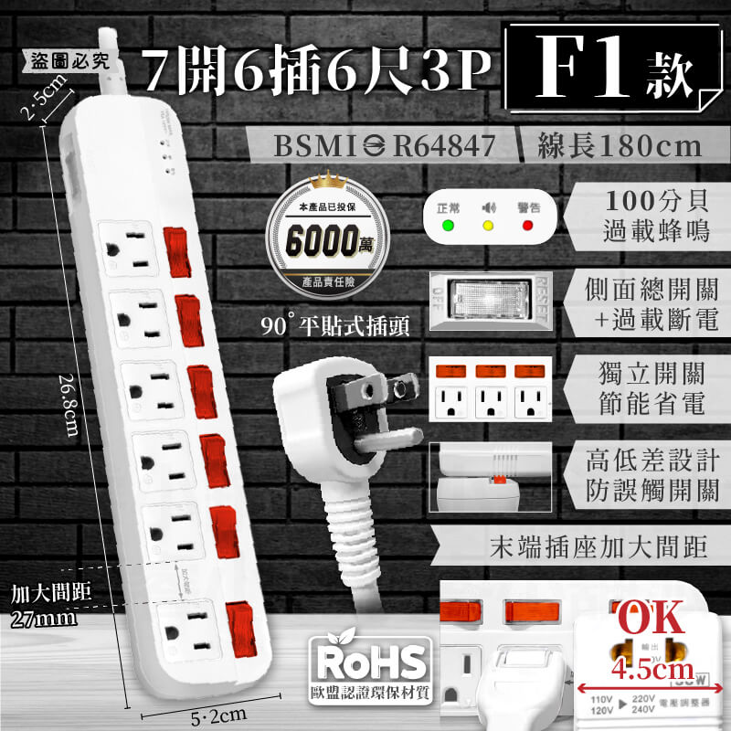 【BiBi聲AI過載警報延長線】1.8M 2.7M 總開關 獨立開關 過載蜂鳴 100分貝警鈴 延長線