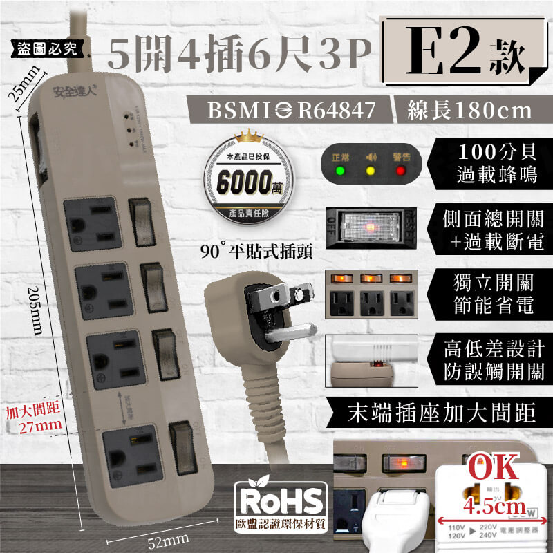 【BiBi聲AI過載警報延長線】1.8M 總開關 獨立開關 過載蜂鳴 100分貝警鈴 延長線 3P 2P