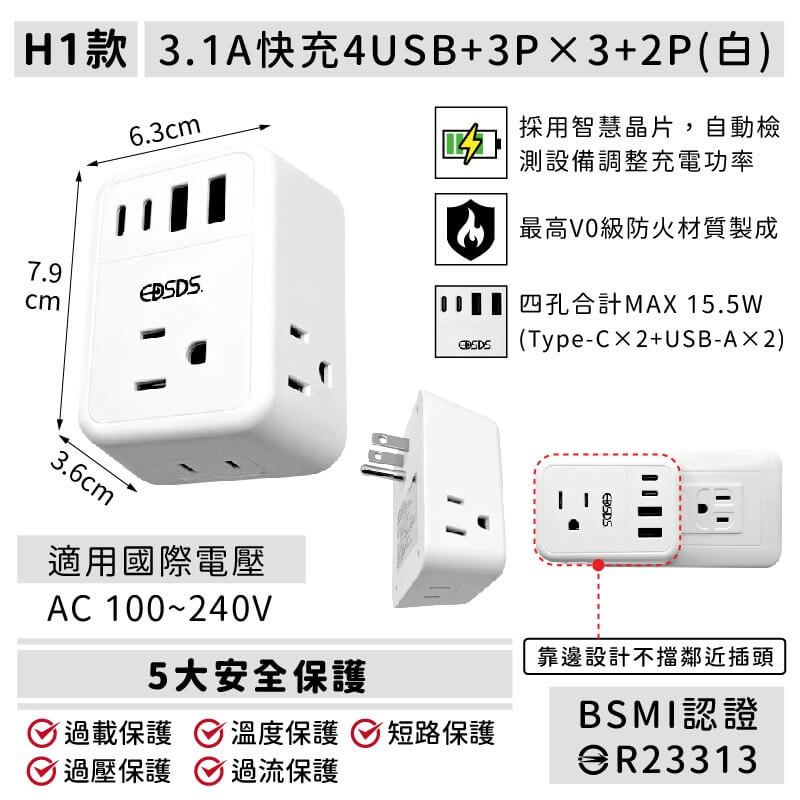 【USB快充節能分接插座】20W快充分接器 壁插 USB插座 插座擴充 插座 開關 擴充 防火材質