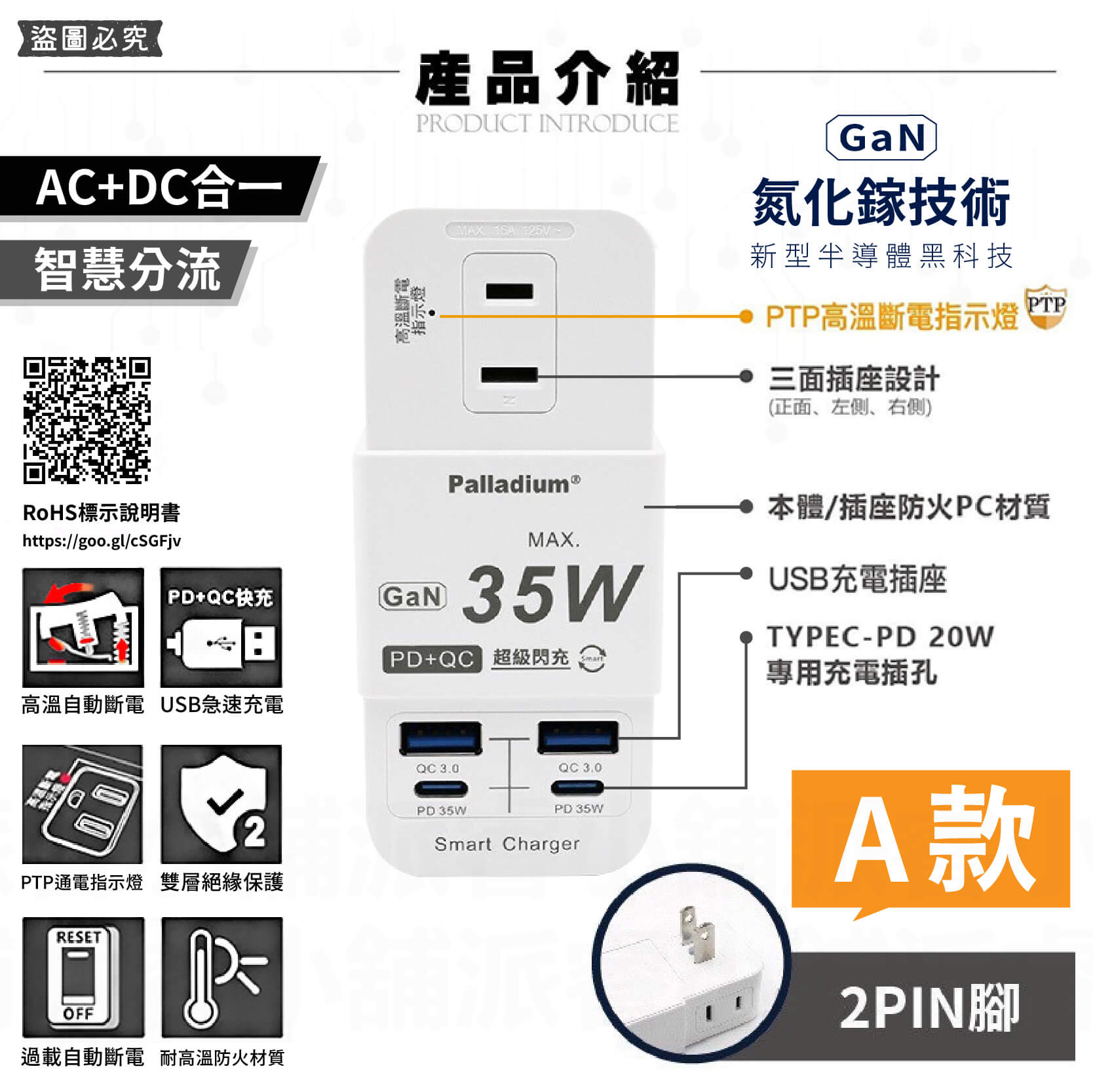 PTP高溫斷電【GAN氮化鎵35W快充USB分接器】iPhone適用 用電安全 壁插 Type-C 充電器【LD939】