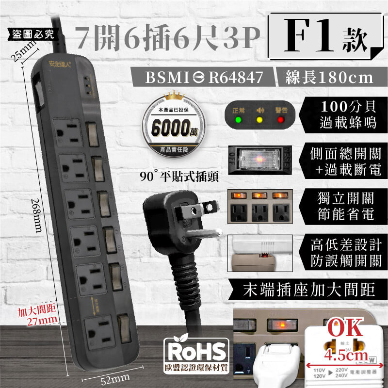 【BiBi聲AI過載警報延長線】1.8M 總開關 獨立開關 過載蜂鳴 100分貝警鈴 延長線 3P 2P