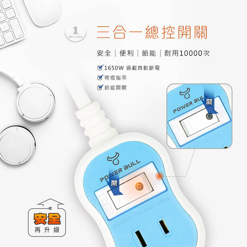 【聖岡科技 過載斷電1開2插2孔延長線】延長線 新安規 180度平貼插頭 過載斷電 PC防火材質 節能節電