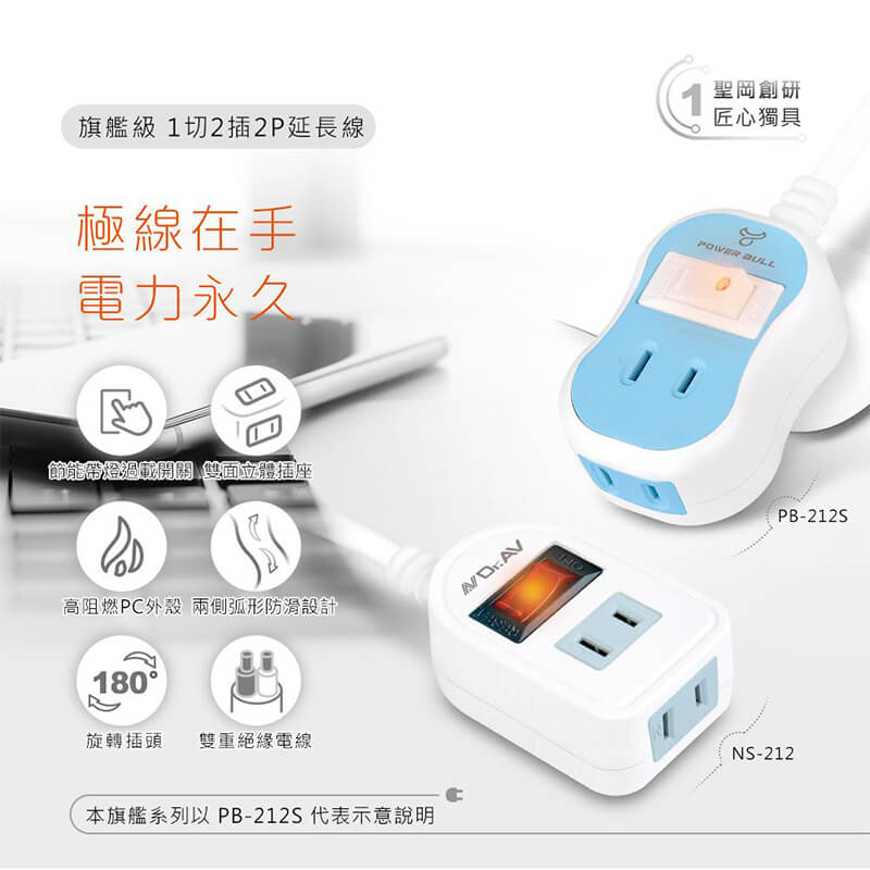【聖岡科技 過載斷電1開2插2孔延長線】延長線 新安規 180度平貼插頭 過載斷電 PC防火材質 節能節電