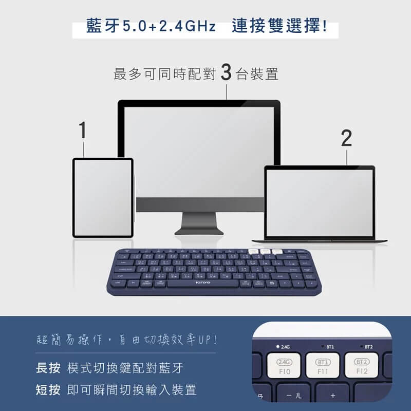 【KINYO 藍芽無線雙模鍵盤】同時配對3台裝置 低噪音鍵帽 小巧不占空間 藍芽鍵盤 無線鍵盤 底部防滑