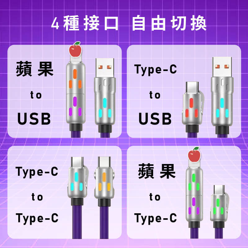 【多合一極速快充線】100W快充 240W快充 PD LED燈效 充電線 傳輸線 快充線 可換接口