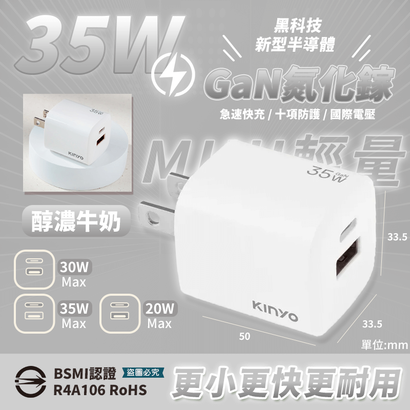 【KINYO 氮化鎵雙孔PD充電器65W/40W/35W/20W】快充 黑科技 mini 國際電壓