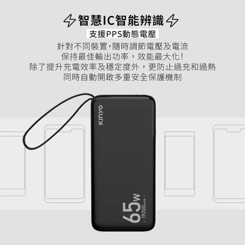 【KINYO 大容量商務極速充行動電源】4個裝置同時充電 筆電也能充 PD65W 行充 快充