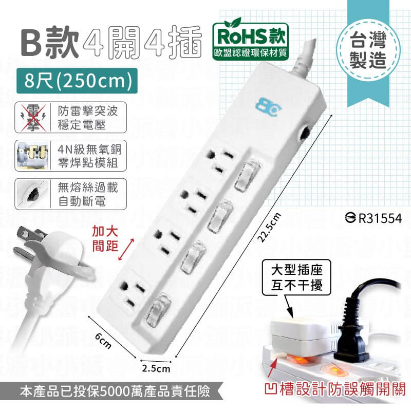 台灣製【新安規 過載斷電獨立開關安全延長線】延長線 加大插孔間距 防雷擊防突波 獨立開關4尺 5尺 8尺