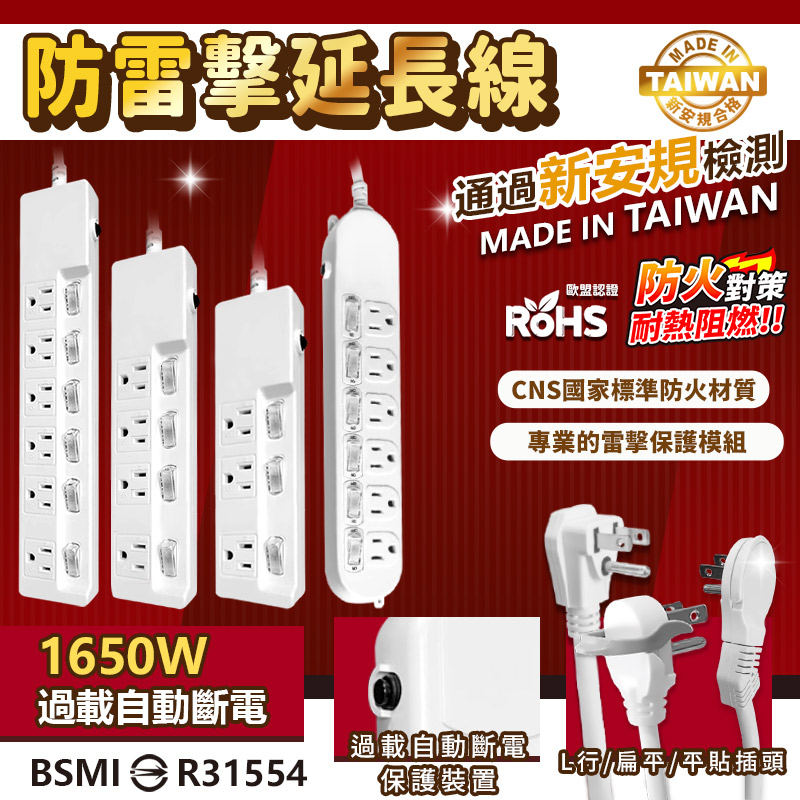 【過載自動斷電安全延長線】台灣製 保固 電腦延長線 歐盟認證 節能省電