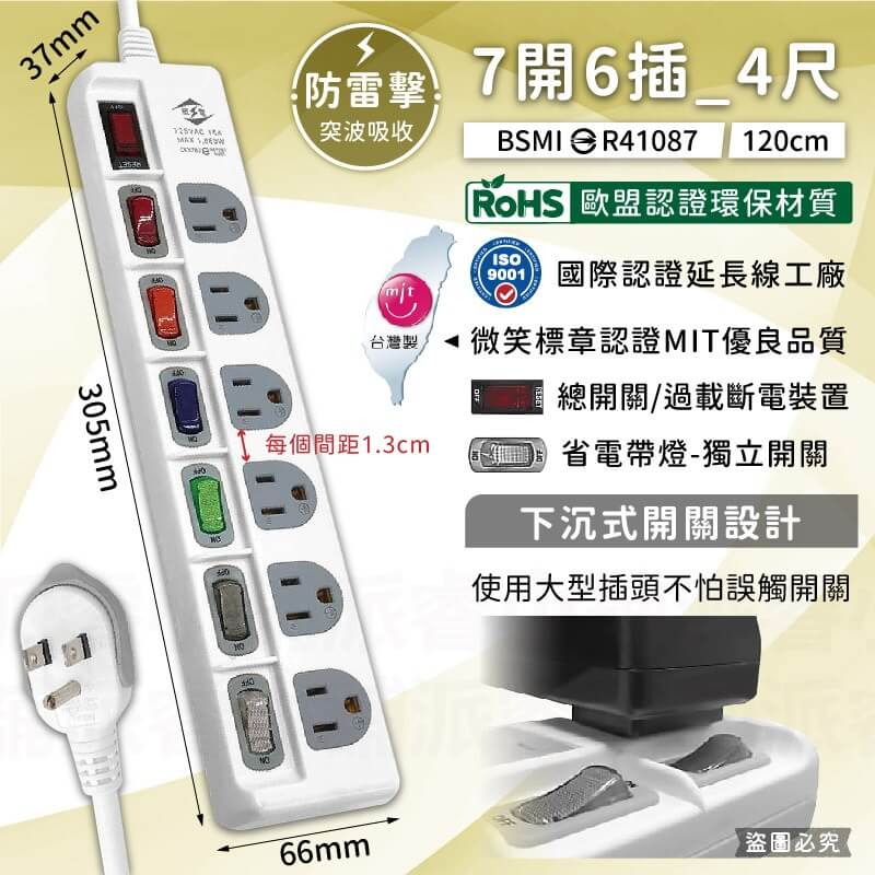 台灣製【威電 防雷擊多開關延長線】總開關 突波吸收 防雷擊 過載斷電 防火材質 延長線 微笑標章 3P