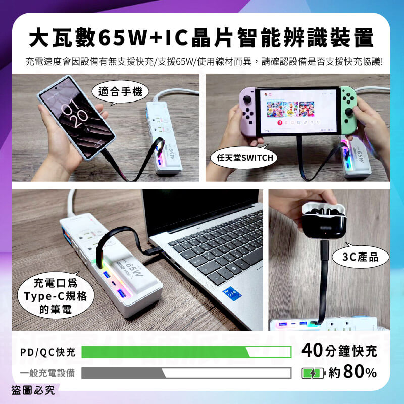 3開4插2P+3P+USB七彩炫光6尺延長線【LD951】