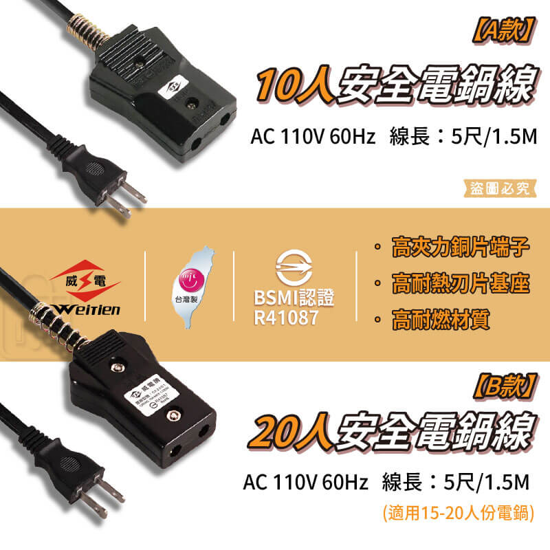 台灣製造【威電 安全電鍋線】電鍋電源線 10人份 20人份 國家認證 高耐熱電木 安全