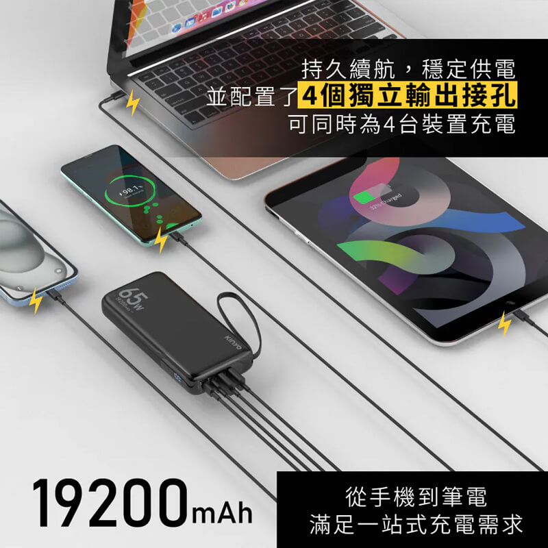 【KINYO 大容量商務極速充行動電源】4個裝置同時充電 筆電也能充 PD65W 行充 快充
